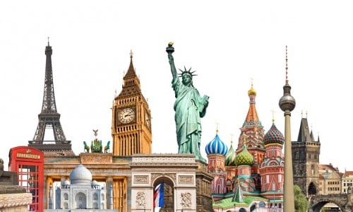 World landmarks photo collage isolated on white background, travel, tourism and study around the world concept